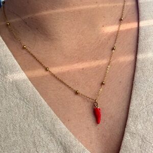 Gold Necklace with Red Pendant